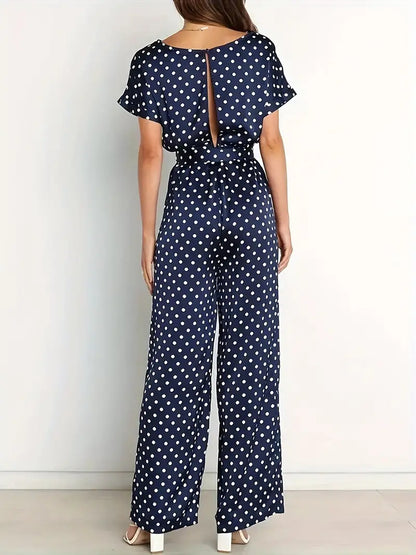 Damen-Jumpsuit Gepunktet Marineblau V-Ausschnitt Leichter Stoff-2