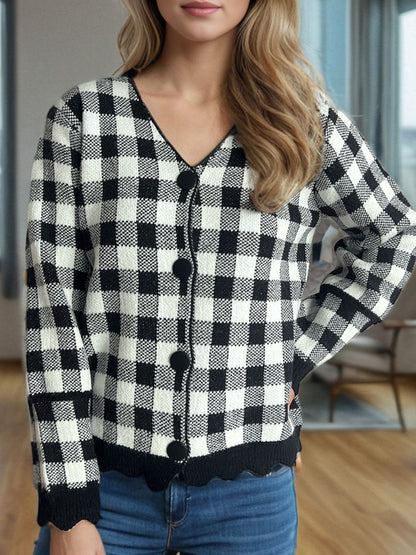 Damen-V-Ausschnitt-Strickjacke, kariertes Muster, gestrickt, Herbst-3
