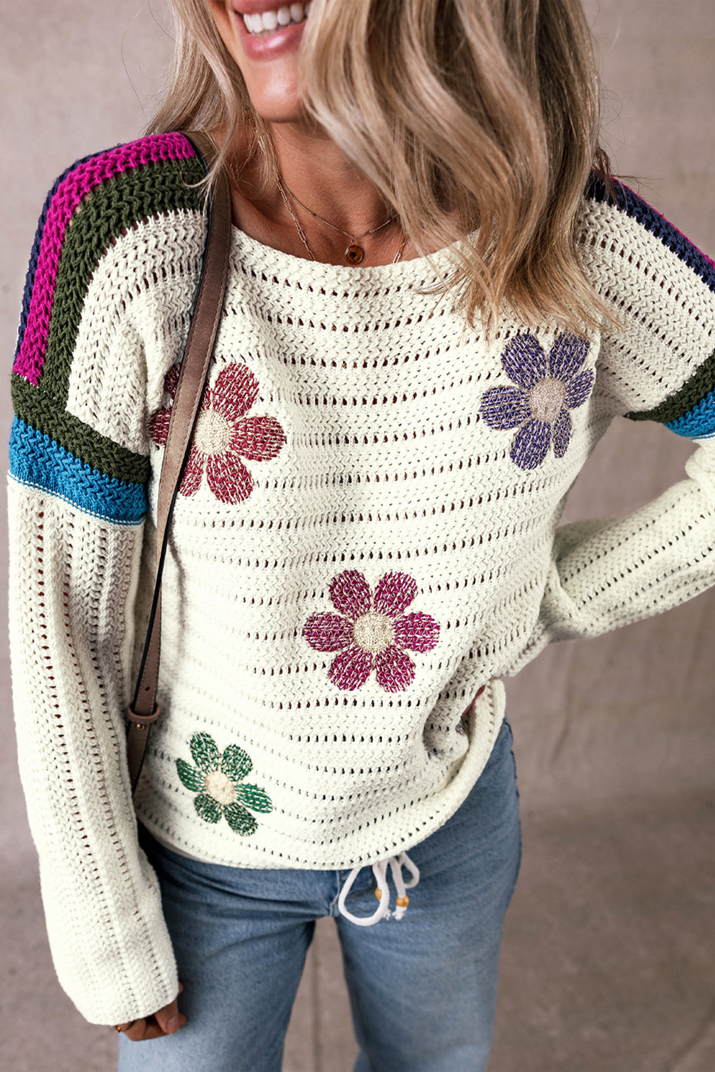 Damen-Pullover, gestrickt mit Gänseblümchen-Muster, luftiges Design-5