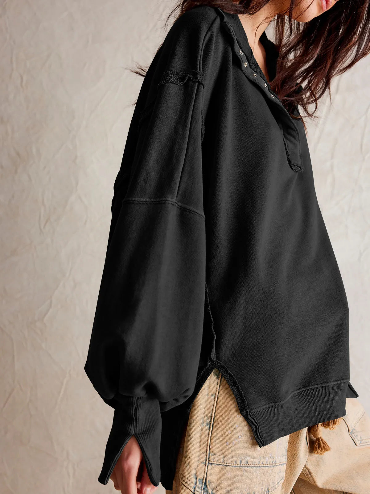 Damen-Sweatshirt, dicker Pullover mit Knöpfen, 100% Baumwolle-6