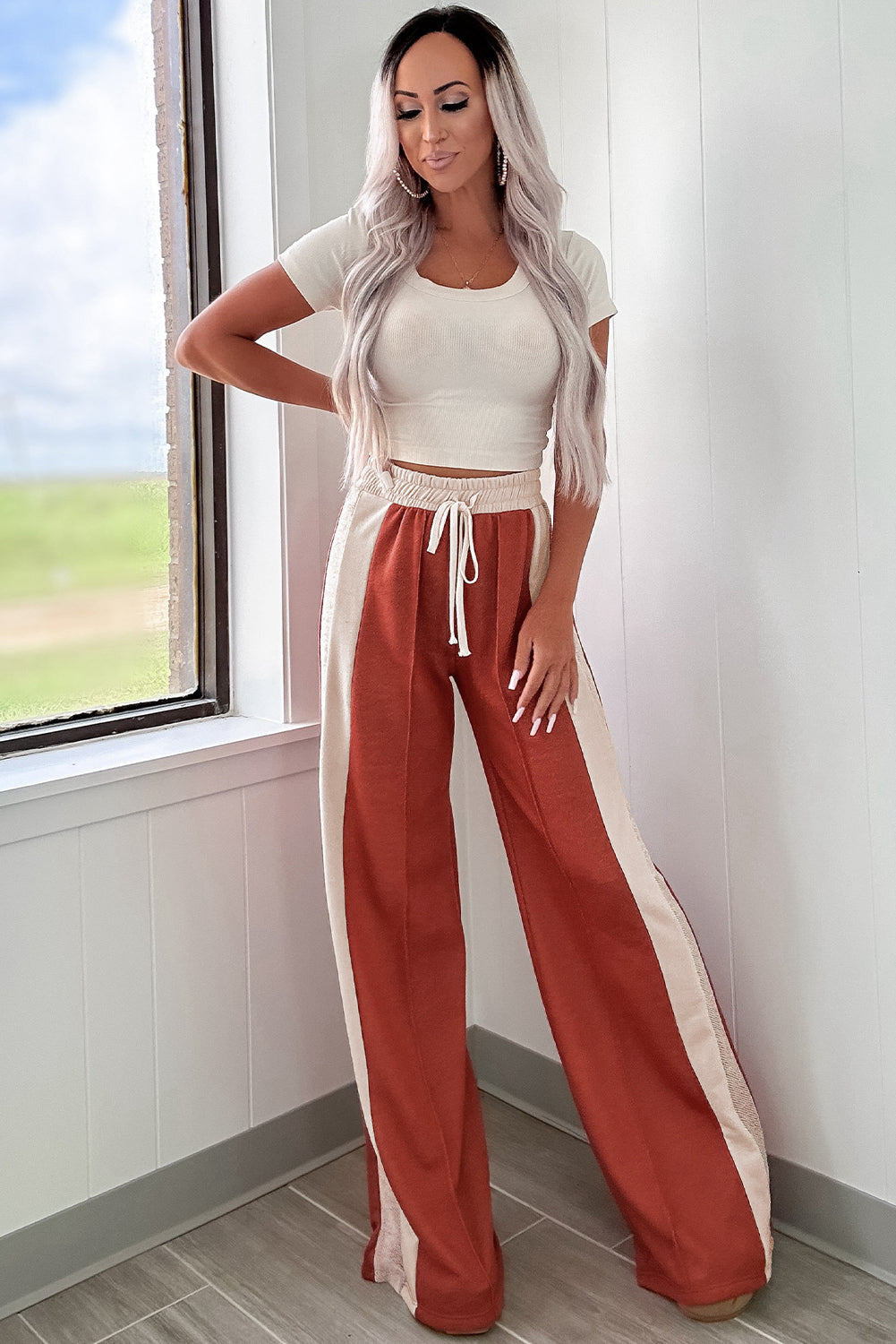 Damen-Hose, hohe Taille, Farbblock, weich, atmungsaktiver Stoff-4