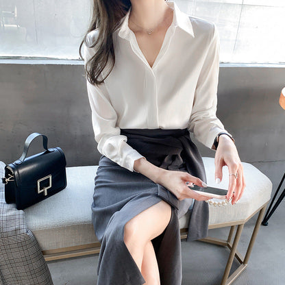 Weiße Langarmbluse für Damen aus Satin mit schmaler Passform – elegante Bluse für Büro und Party 2