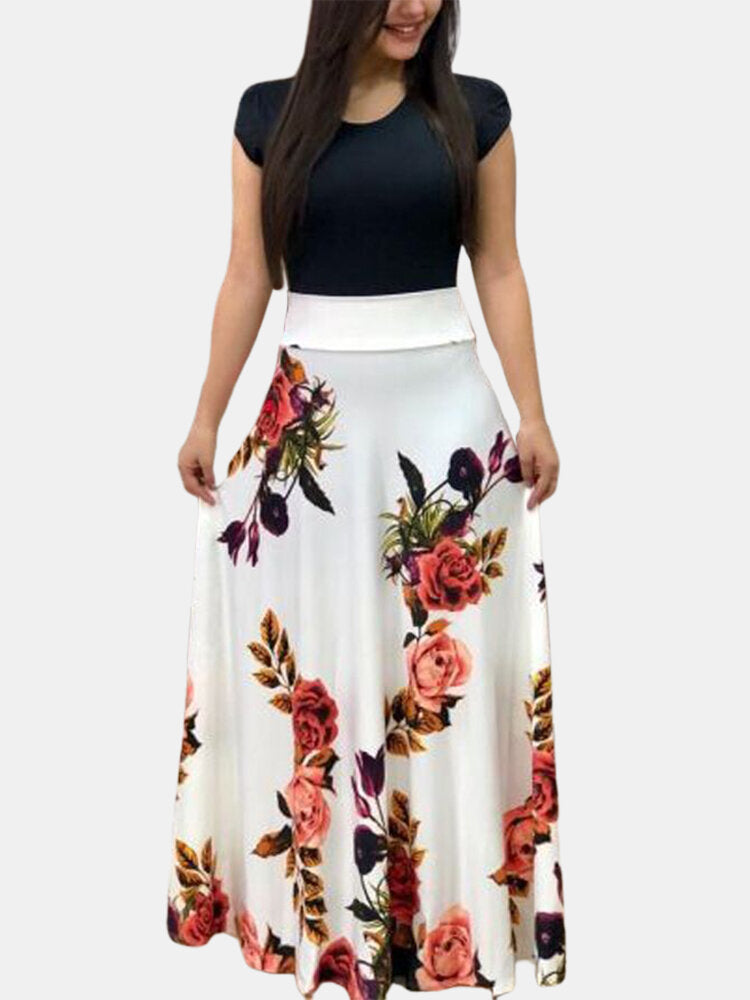 Maxikleid Damen Blumenmuster Rundhals Lang Polyester Sommer 8