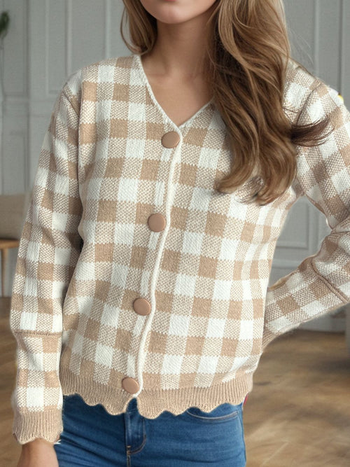 Damen-V-Ausschnitt-Strickjacke, kariertes Muster, gestrickt, Herbst-1