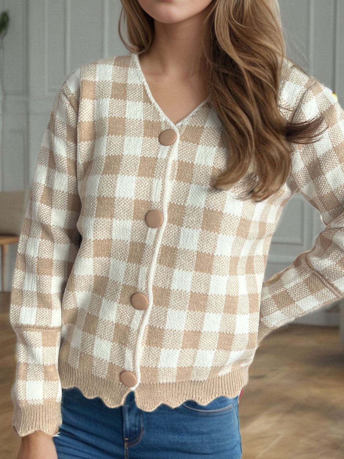 Variant image for Damen-V-Ausschnitt-Strickjacke, kariertes Muster, gestrickt, Herbst-1