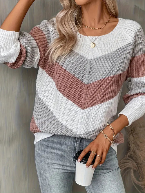 Damen-Strickpullover, Farbblock, runder Ausschnitt, Acryl 1