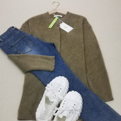 Damen-Lange Strickjacke, Cardigan, aus Kaffee, Farbe, Hochwertiges Material-5