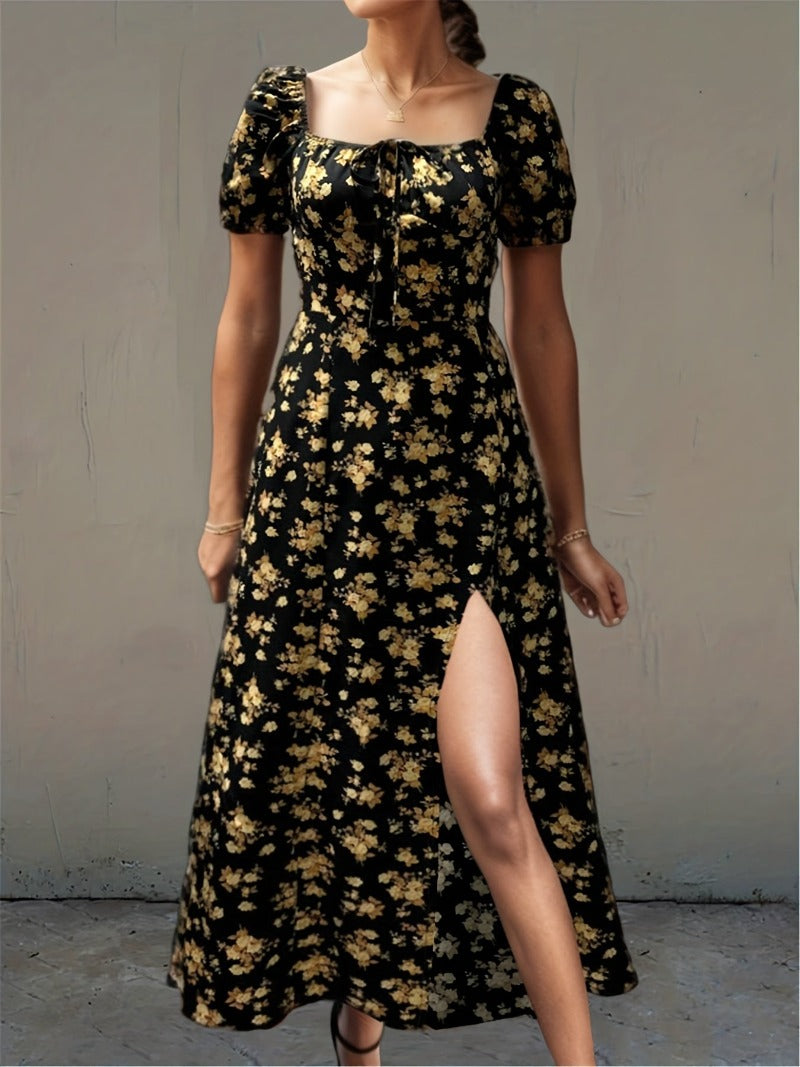 Damen-Freizeitkleid, Schlitz, kurze Ärmel, atmungsaktiv, Stoff-3