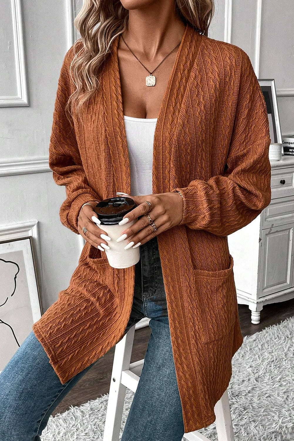 Damen-offene Strickjacke, strukturiert, hochwertiger Stoff mit Seitentaschen-4