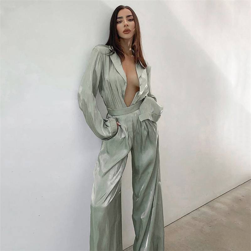 Langes Hemd mit Notch-Lapel und bequemen Hosen aus Seide und Baumwolle für Damen – Elegantes und vielseitiges Outfit 3