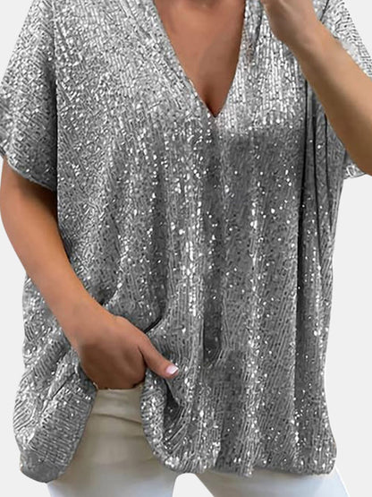 Damen-kurzärmelige Bluse, V-Ausschnitt, mit Pailletten, aus Polyester-2