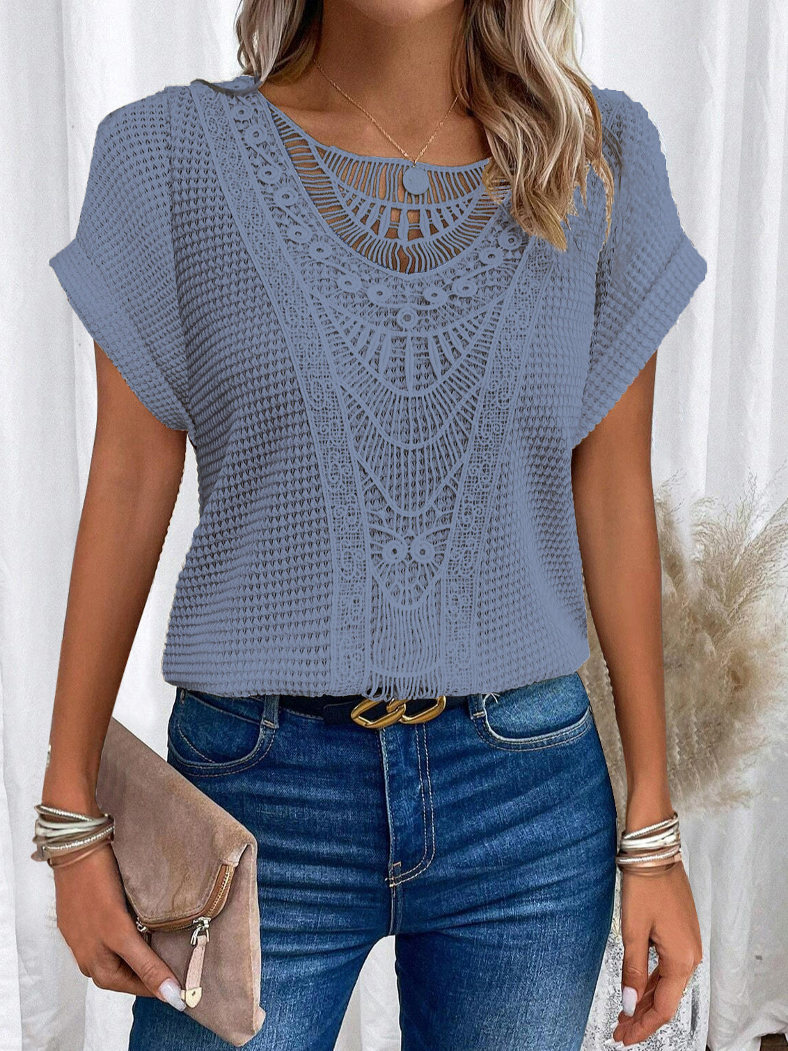 Damen-T-Shirt, Spitzendetails, Baumwollmix, kurze Ärmel 3
