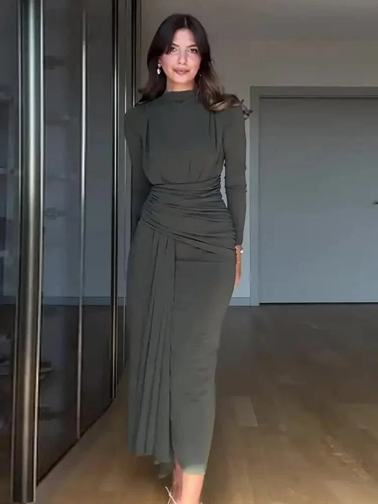 Damen-Bodycon-Kleid, drapiert, langärmeliger hochwertiger Stoff-1