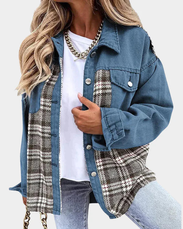 Damenjacke Kariert Langärmlig Denim Lässiger Stil 2