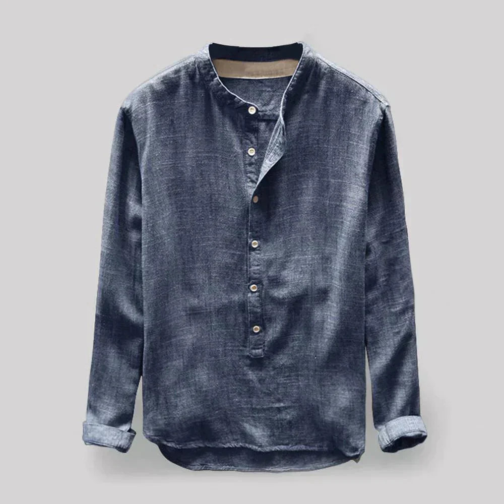 Herrenbluse Henley-Kragen Leinenmischung Schmale Passform 1