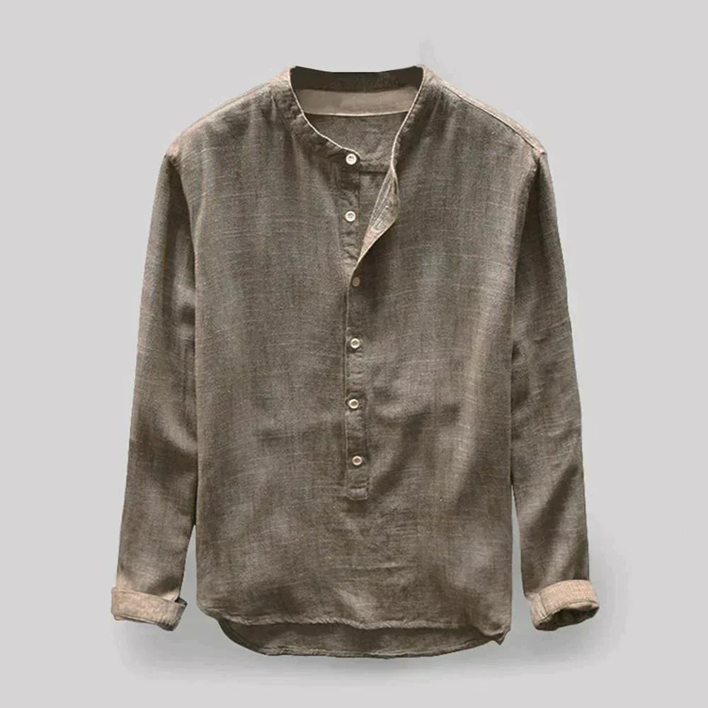 Herrenbluse Henley-Kragen Leinenmischung Schmale Passform 3