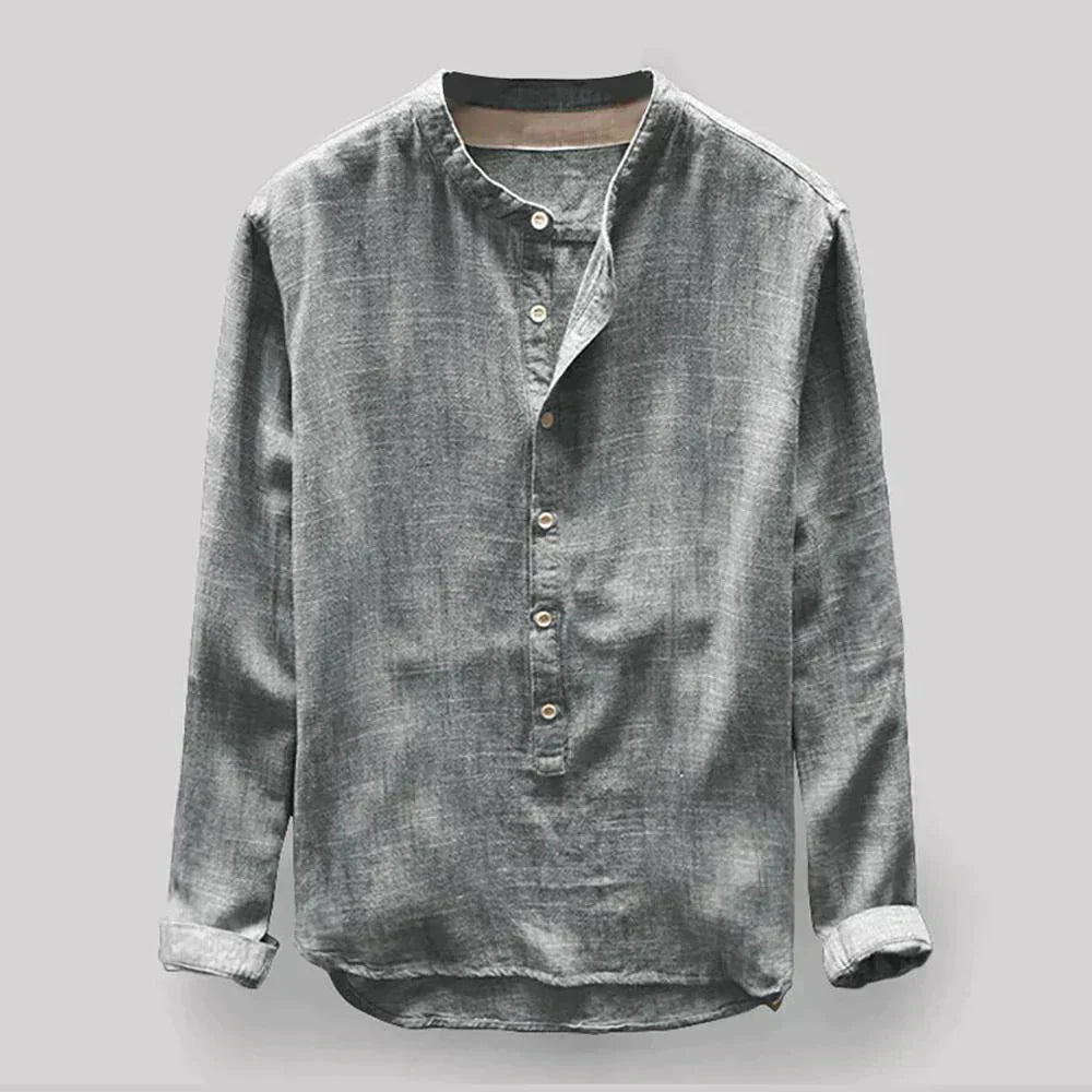 Herrenbluse Henley-Kragen Leinenmischung Schmale Passform 5