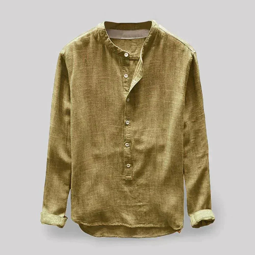 Herrenbluse Henley-Kragen Leinenmischung Schmale Passform 6
