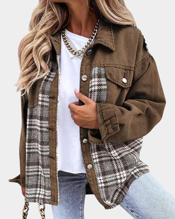 Damenjacke Kariert Langärmlig Denim Lässiger Stil 3