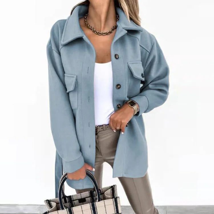 Langer winddichter Wollmantel für Damen – Eleganter blauer Mantel mit normaler Passform für kühle Tage 10