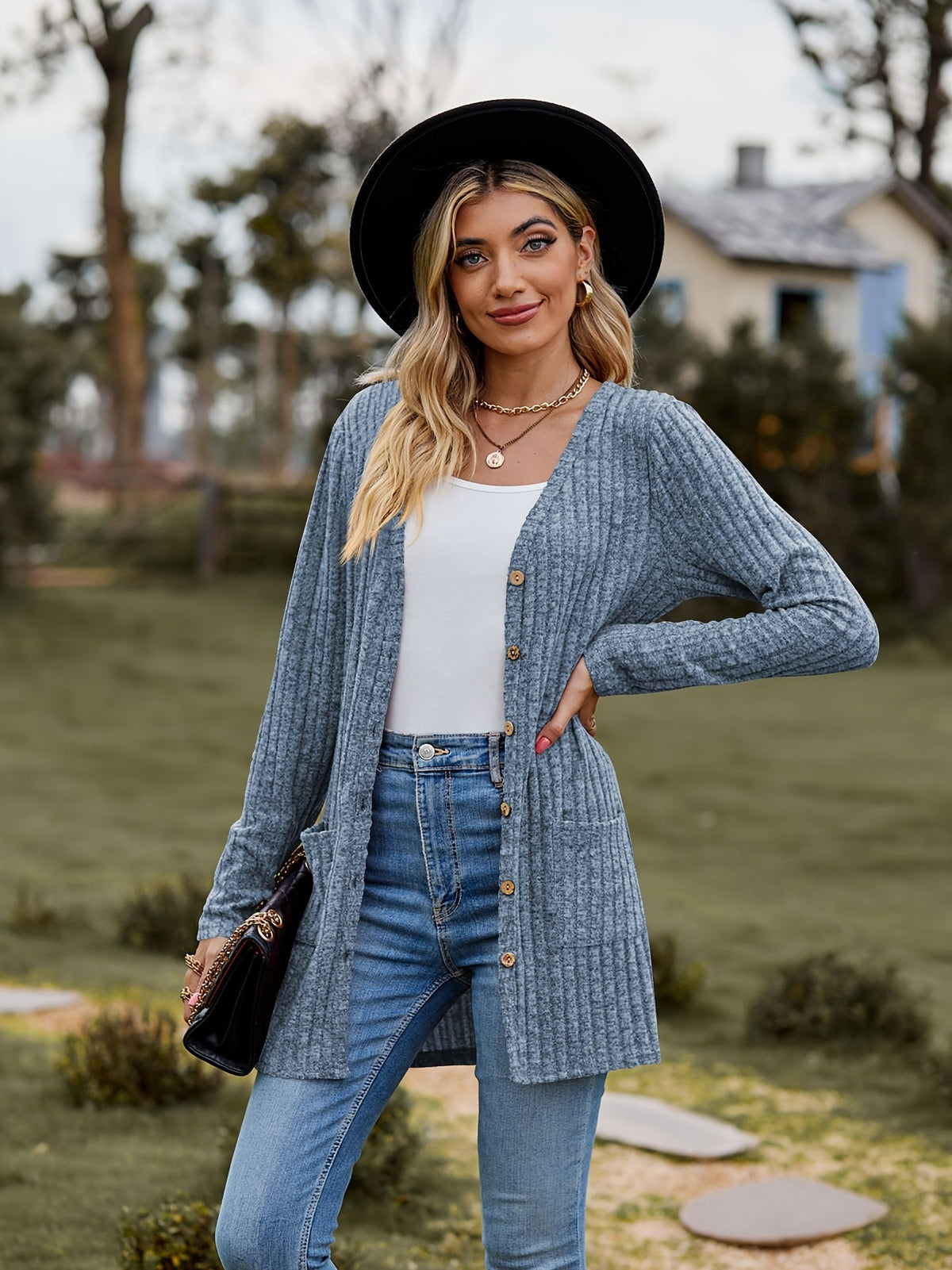 Damen-gestrickter Cardigan, gerippt, Baumwolle, langärmelig, lässig-1