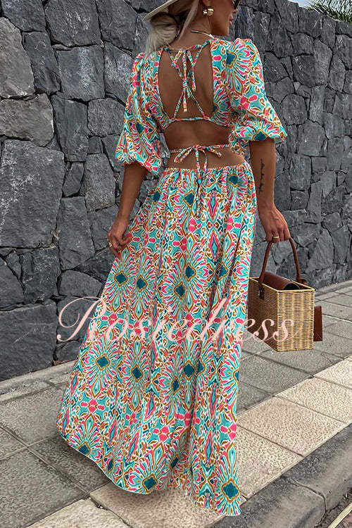 Maxikleid Damen Puffärmel Rückenfrei Bedruckt Baumwolle Polyester-6