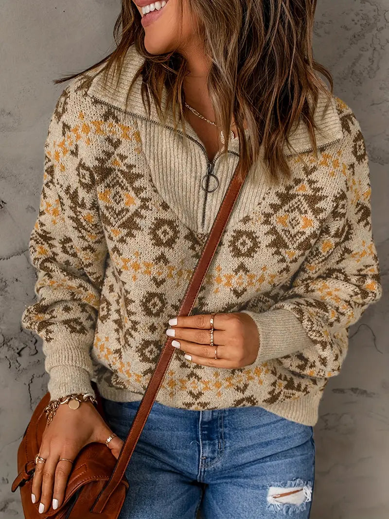 Damen-Strickpullover, mit Reißverschluss, Blumenmuster, atmungsaktives Material-2