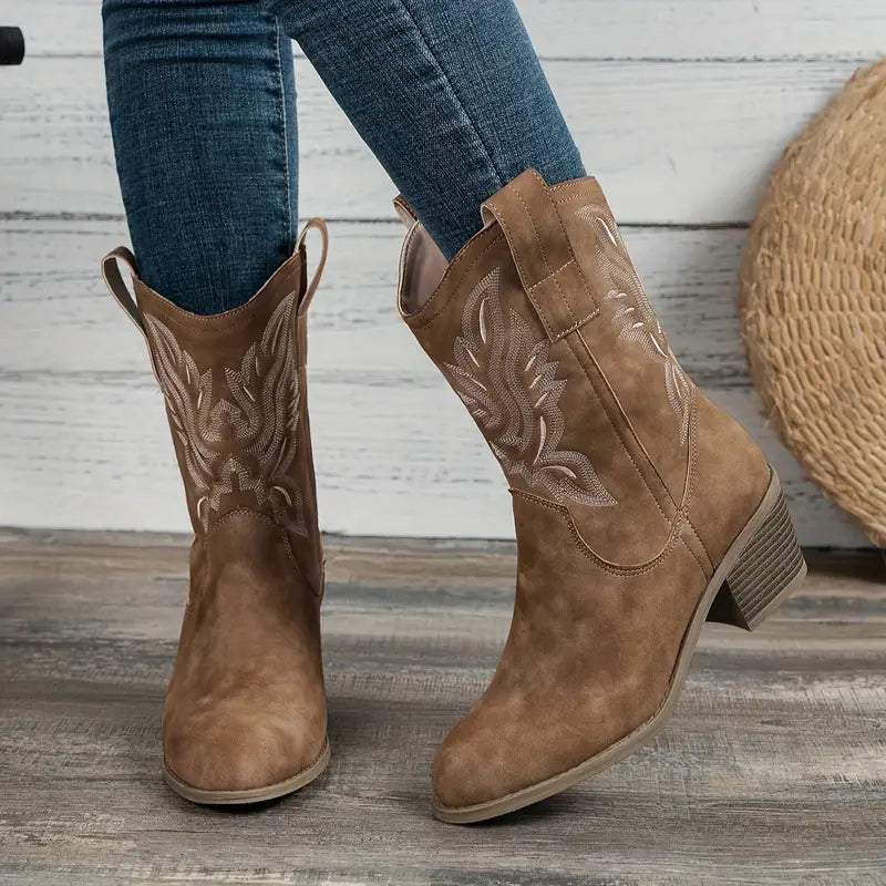 Damen-Stiefel, Retro-Stil, dicker Absatz, synthetisches Leder 2