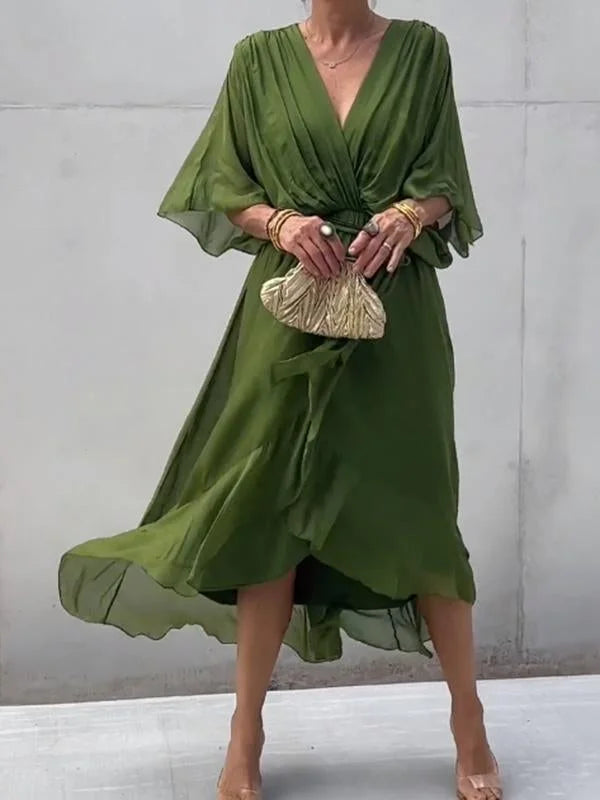 Damen-Chiffonkleid, V-Ausschnitt, fließender Stil-2