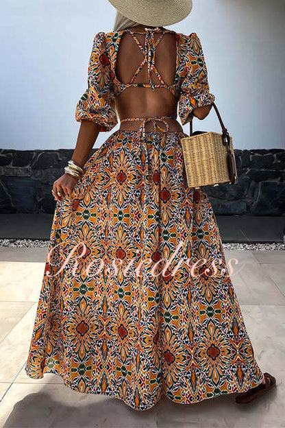 Maxikleid Damen Puffärmel Rückenfrei Bedruckt Baumwolle Polyester-3