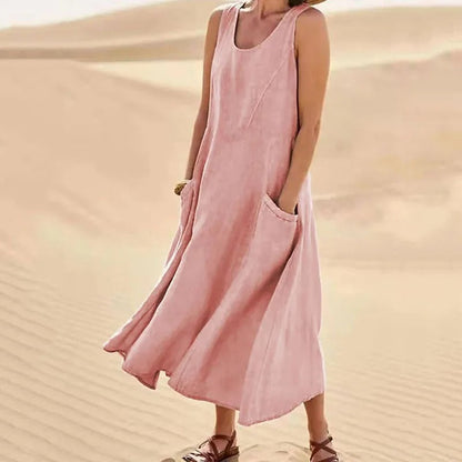 Damen-Kleines Leinenkleid mit Taschen, atmungsaktiv, Loose Fit 7