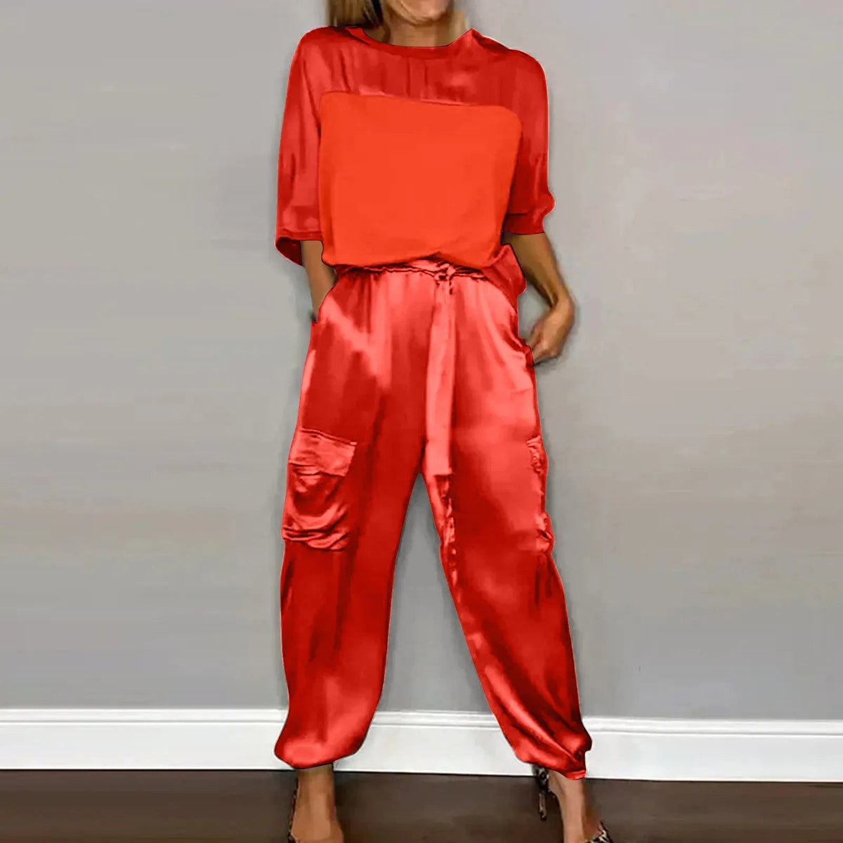 Damen-Loungewear-Set, elegantes zweiteiliges Set aus Satin mit lässiger Passform-3
