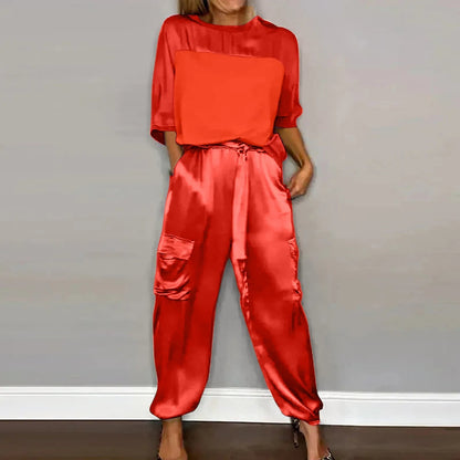 Damen-Loungewear-Set, elegantes zweiteiliges Set aus Satin mit lässiger Passform-3