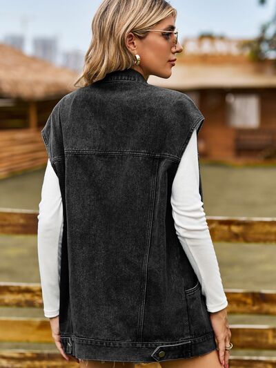 Damen Ärmellose Jeansjacke mit Knöpfe Lockeres Design-2