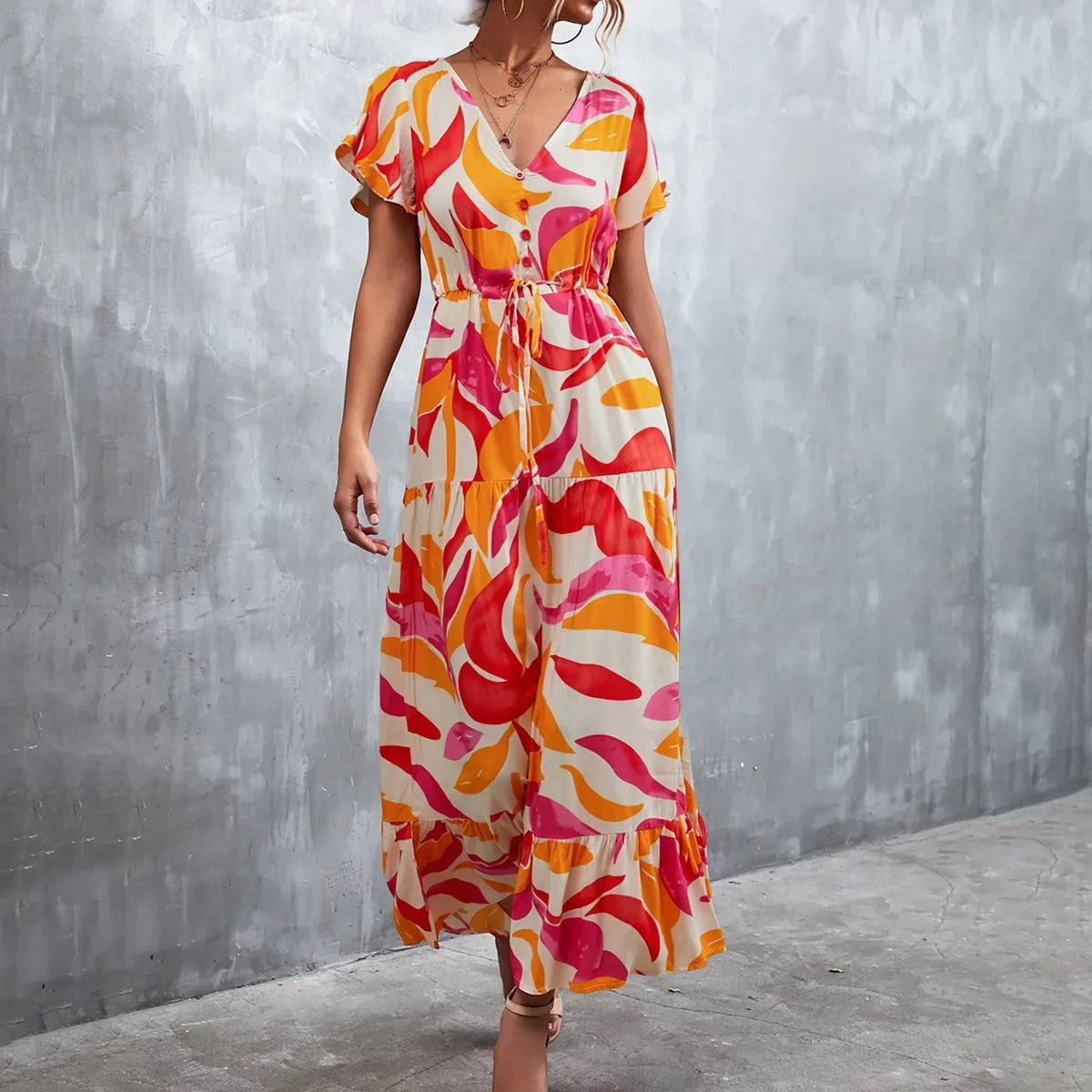 Langes Kleid Damen Leicht Gemustert Maxikleid für sommerliche Festlichkeiten-1