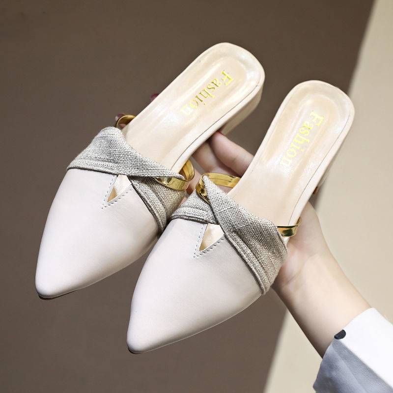 Damen-Mules-Sandalen, offene Zehe, PU-Leder, mit goldener Ringverzierung-6