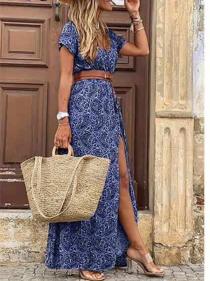 Damen-Maxikleid, geblümte kurze Ärmel, weicher Stoff, für Sommer 4