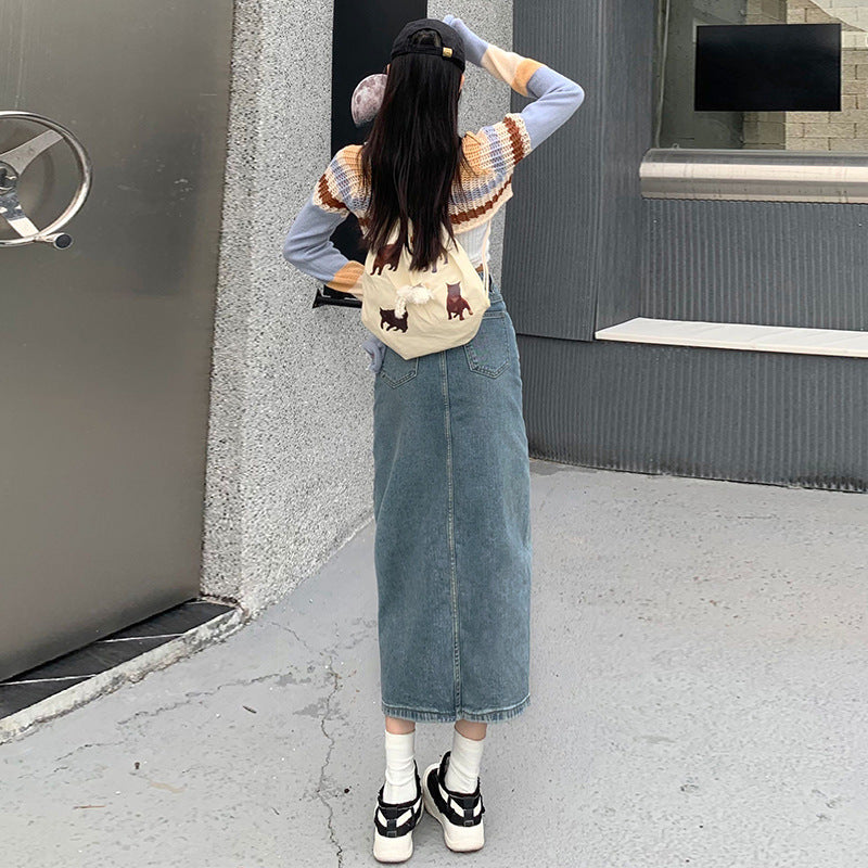 Damen-Rock, hohe Taille, Retro, Denim, Midi-3