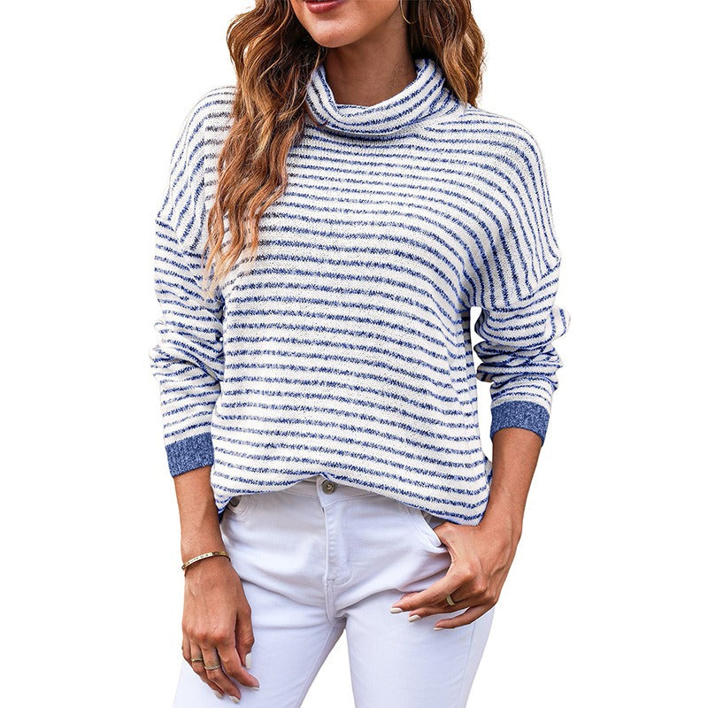 Damen-Strickpullover, Rollkragen, gestreiftes weiches Material-5