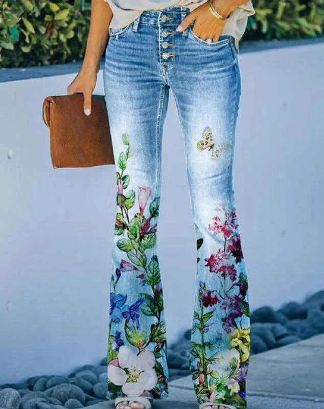Damenjeans mit hoher Taille und Blumenmuster – trendiges Design für Alltag und Party 9