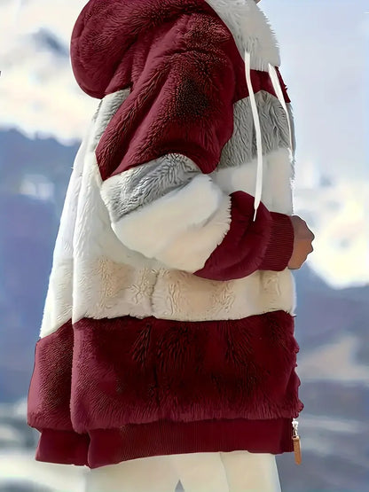 Damen-Kapuzenjacke Farbblock Flauschig Polyester-3