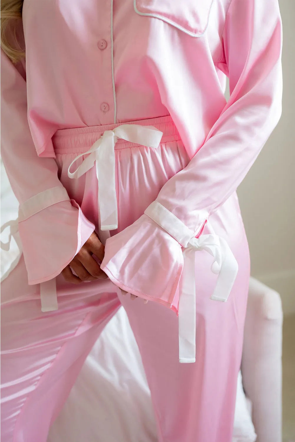 Damen Lounge-Set aus weichem Stoff mit Kragen – langärmelige Bluse und passende Hose, lockere Passform, Rosa 3