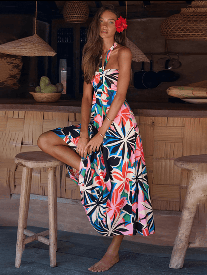 Maxikleid Damen Halterneck mit tropischem Muster aus 100% Polyester-2