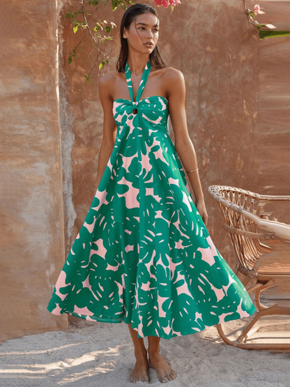 Damen-geblümtes Neckholder-Kleid, leichtes Material, fließende Silhouette-2