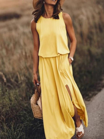 Damen-Kleid, lang, ärmellos, runder Ausschnitt, Polyester-4