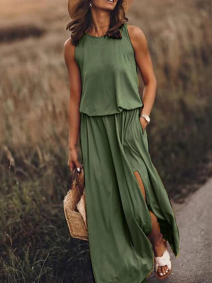 Damen-Kleid, lang, ärmellos, runder Ausschnitt, Polyester-3