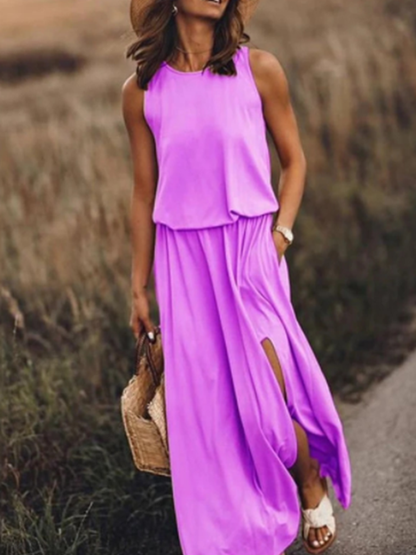 Damen-Kleid, lang, ärmellos, runder Ausschnitt, Polyester-2