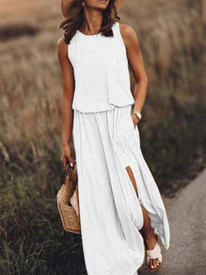 Damen-Kleid, lang, ärmellos, runder Ausschnitt, Polyester-1