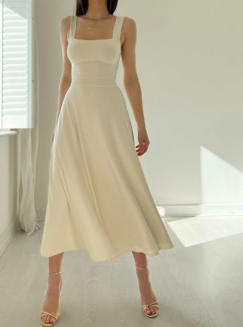 Damen-Midikleid, Eckiger Ausschnitt, Polyester, Elasthan-1