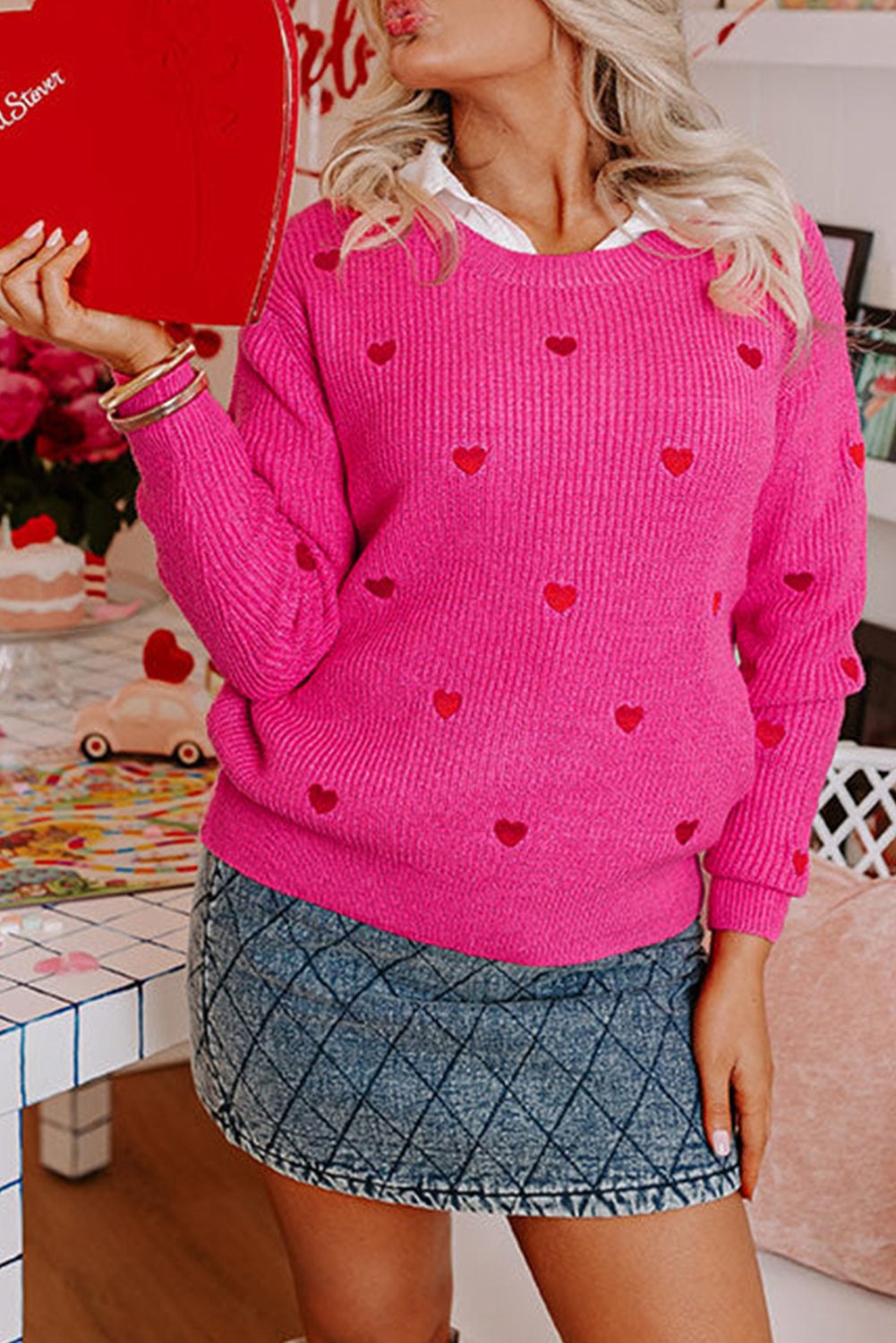 Damen-Strickpullover, lockere Passform, Herzmotiv, hochwertiges Material-6